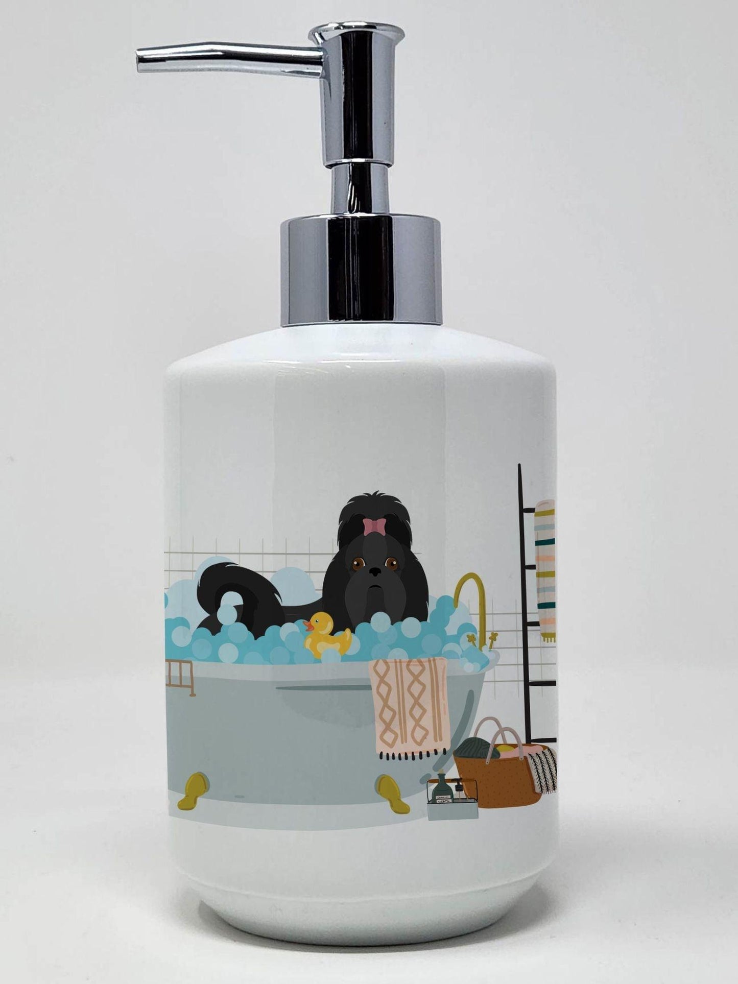 Black Shih Tzu Ceramic Soap Dispenser Hand Soap Dispenser Pump Bottles for Bathroom Kitchen, Empty Refillable Liquid Soap Container