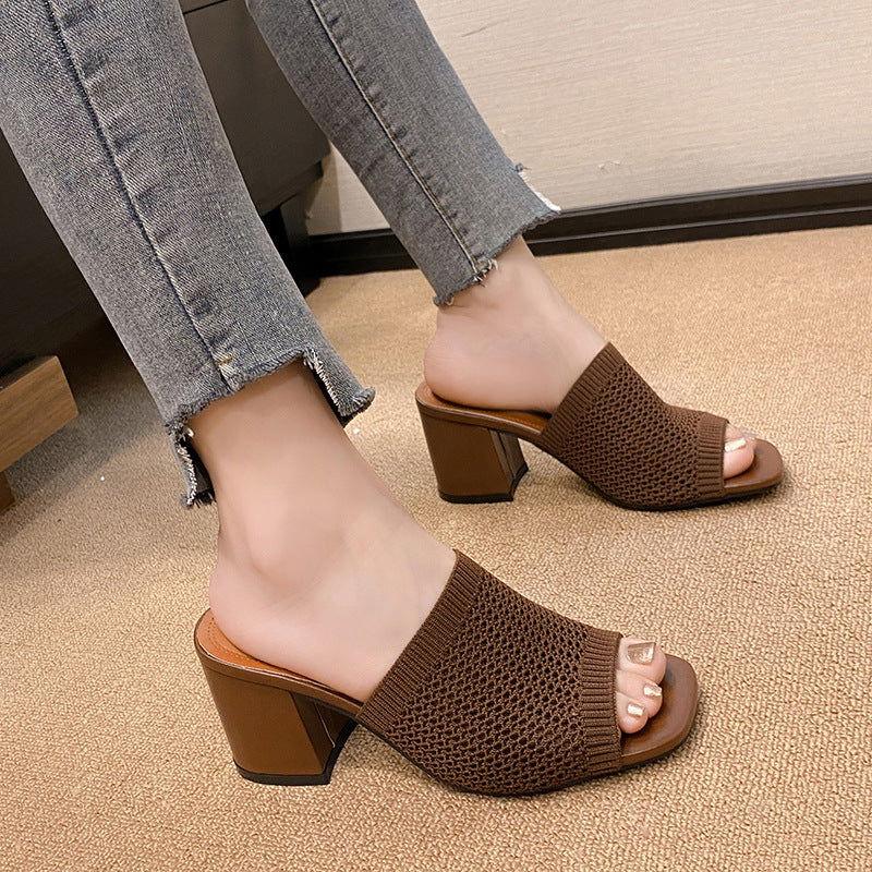 Block Heel Knit Sandals - Clothes For Her Online Store