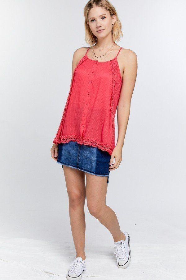 Boho Scallop Lace Trim Detailed Button Down Solid Subtle Textured Slit Side Overlay Layered Cami Top - Clothes For Her Online Store