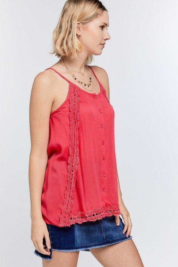 Boho Scallop Lace Trim Detailed Button Down Solid Subtle Textured Slit Side Overlay Layered Cami Top - Clothes For Her Online Store