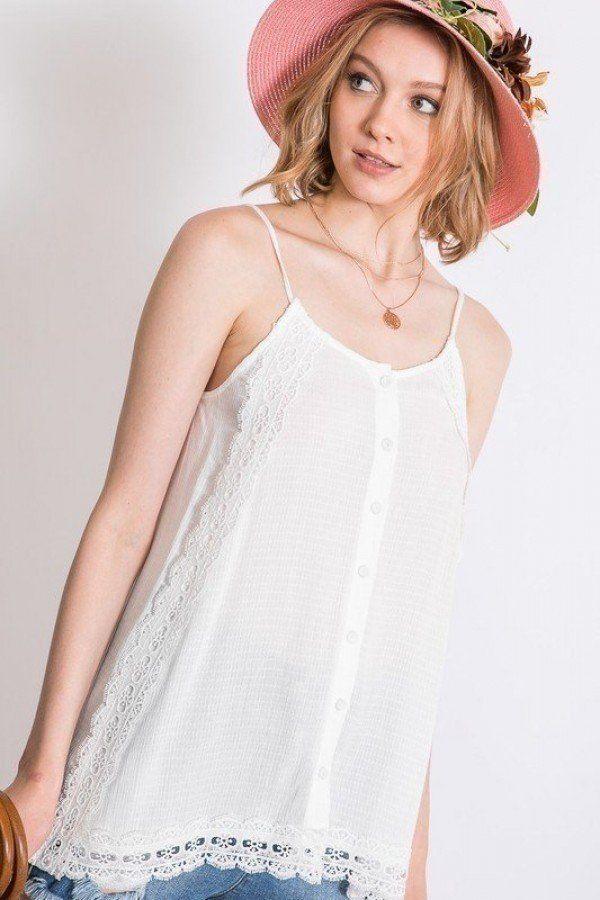 Boho Scallop Lace Trim Detailed Button Down Solid Subtle Textured Slit Side Overlay Layered Cami Top - Clothes For Her Online Store