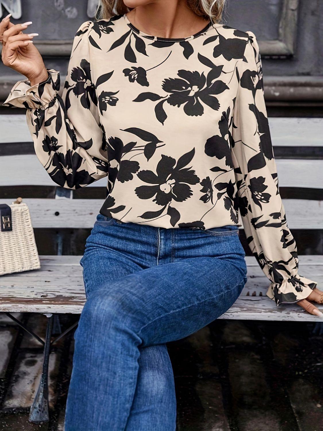 Bow Back Printed Round Neck Flounce Sleeve Blouse - Clothes For Her Online Store