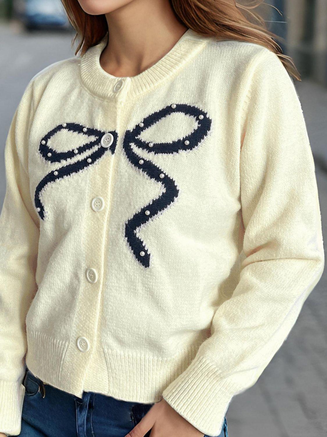 Bow Button Down Round Neck Cardigan - Clothes For Her Online Store