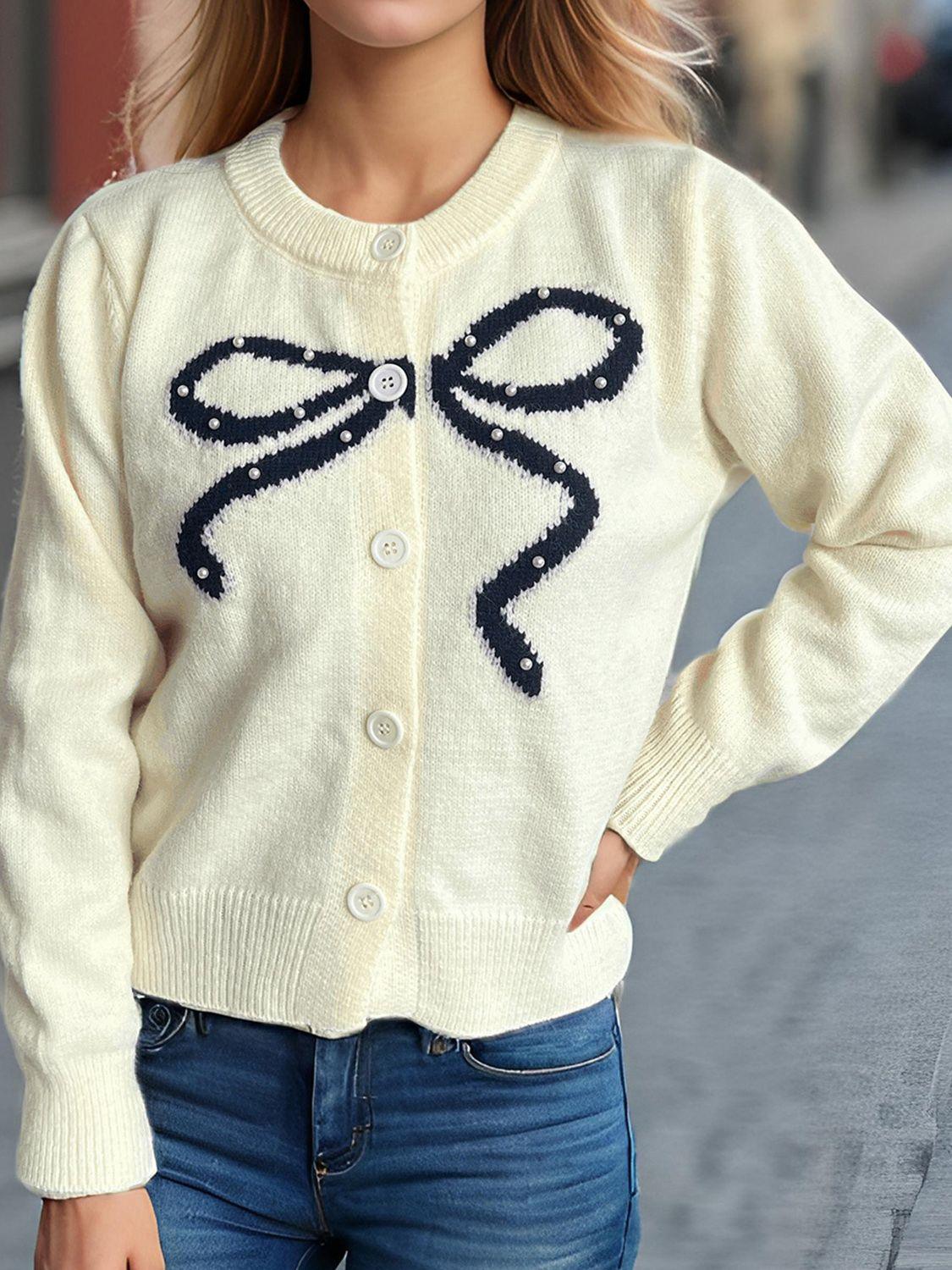 Bow Button Down Round Neck Cardigan - Clothes For Her Online Store