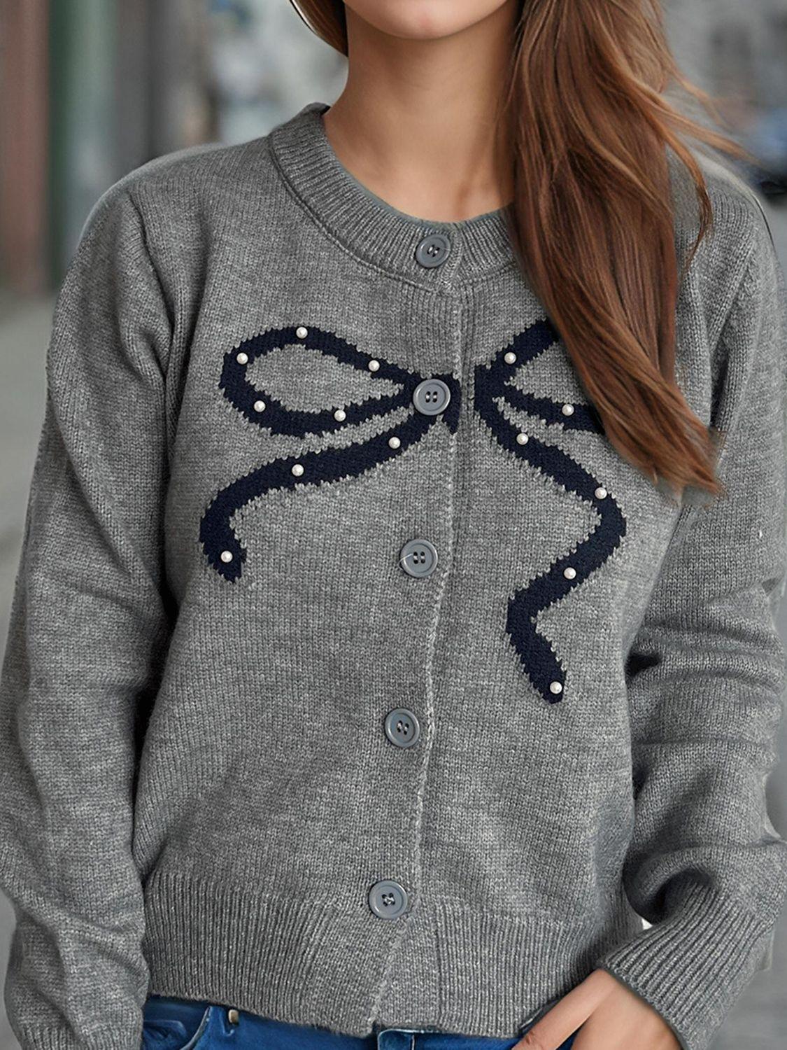 Bow Button Down Round Neck Cardigan - Clothes For Her Online Store