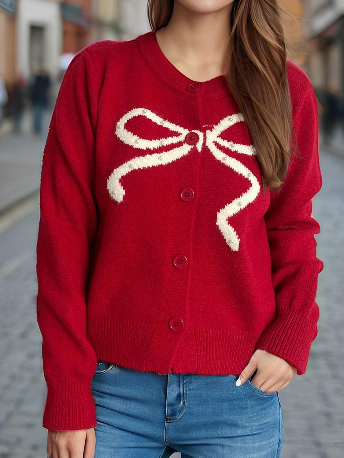 Bow Button Down Round Neck Cardigan - Clothes For Her Online Store