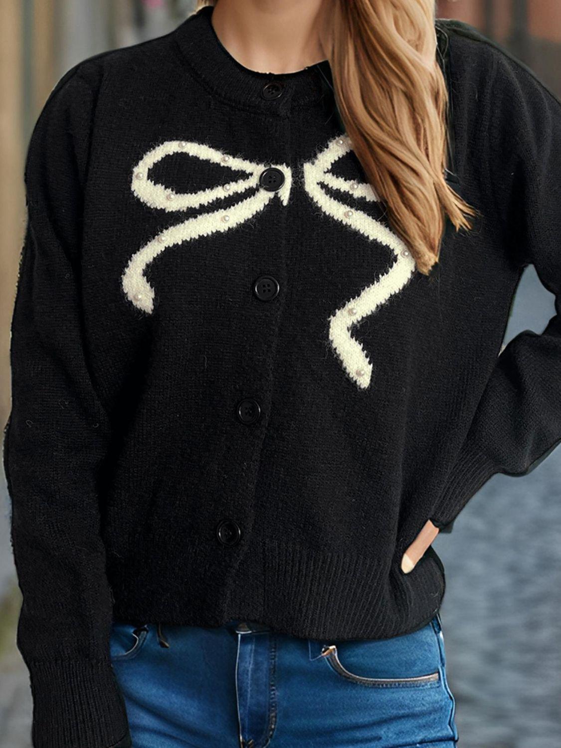 Bow Button Down Round Neck Cardigan - Clothes For Her Online Store