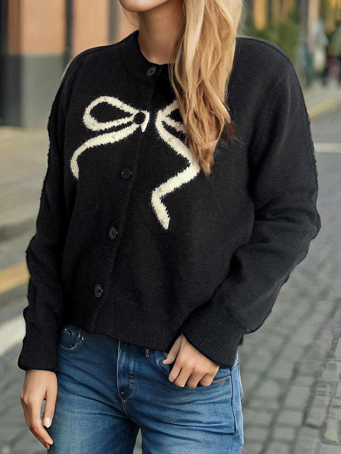 Bow Button Down Round Neck Cardigan - Clothes For Her Online Store