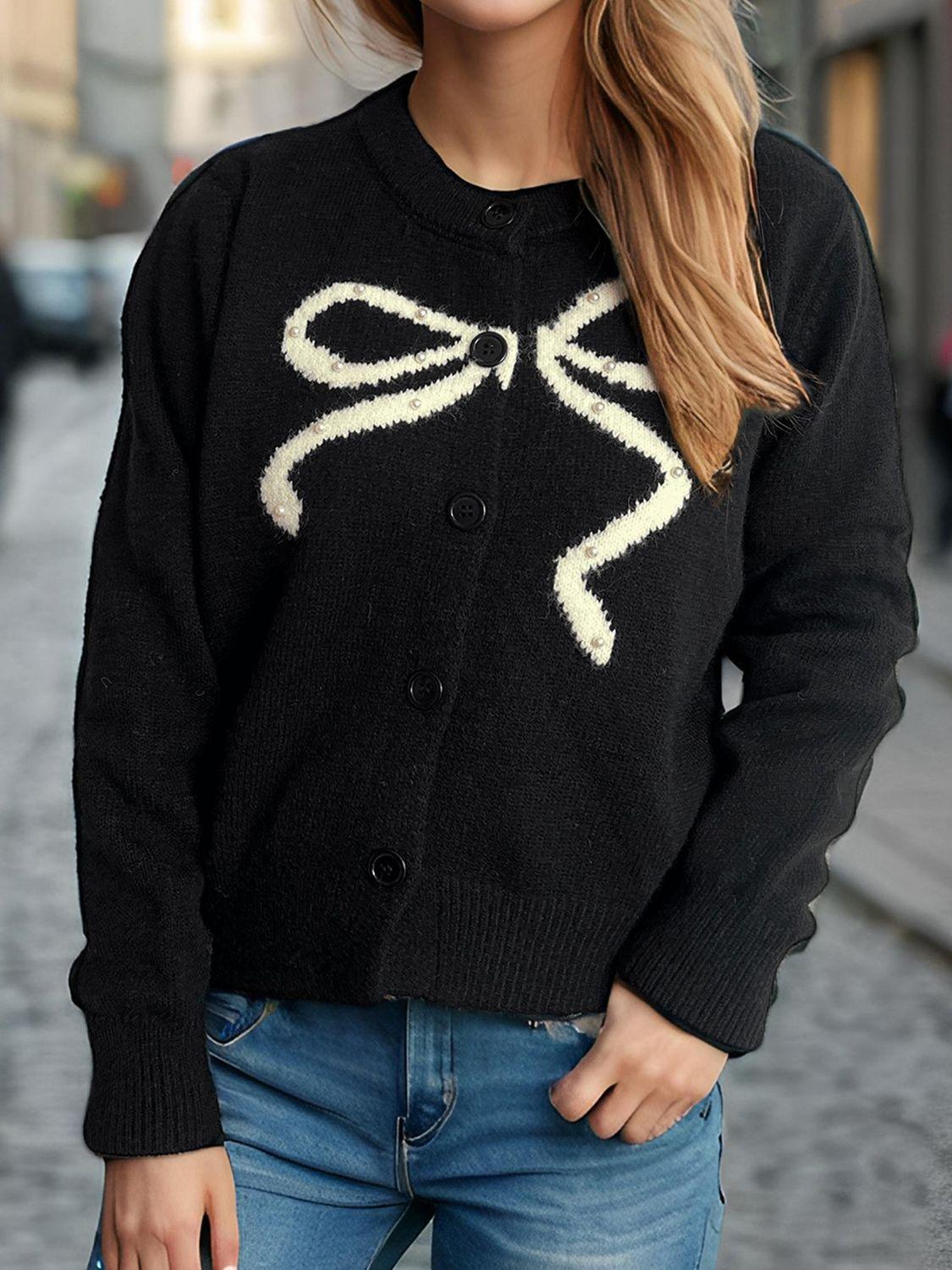 Bow Button Down Round Neck Cardigan - Clothes For Her Online Store