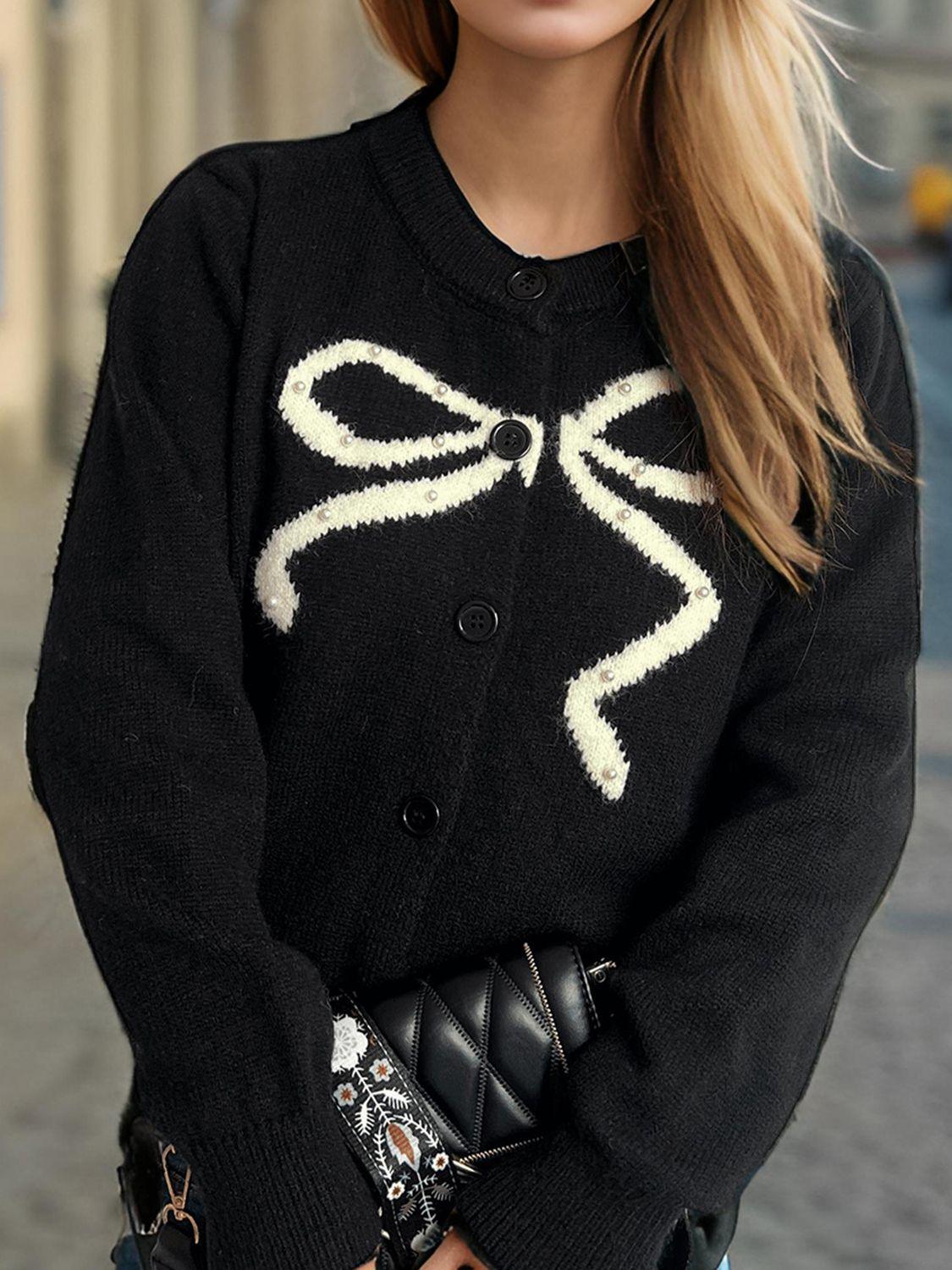 Bow Button Down Round Neck Cardigan - Clothes For Her Online Store