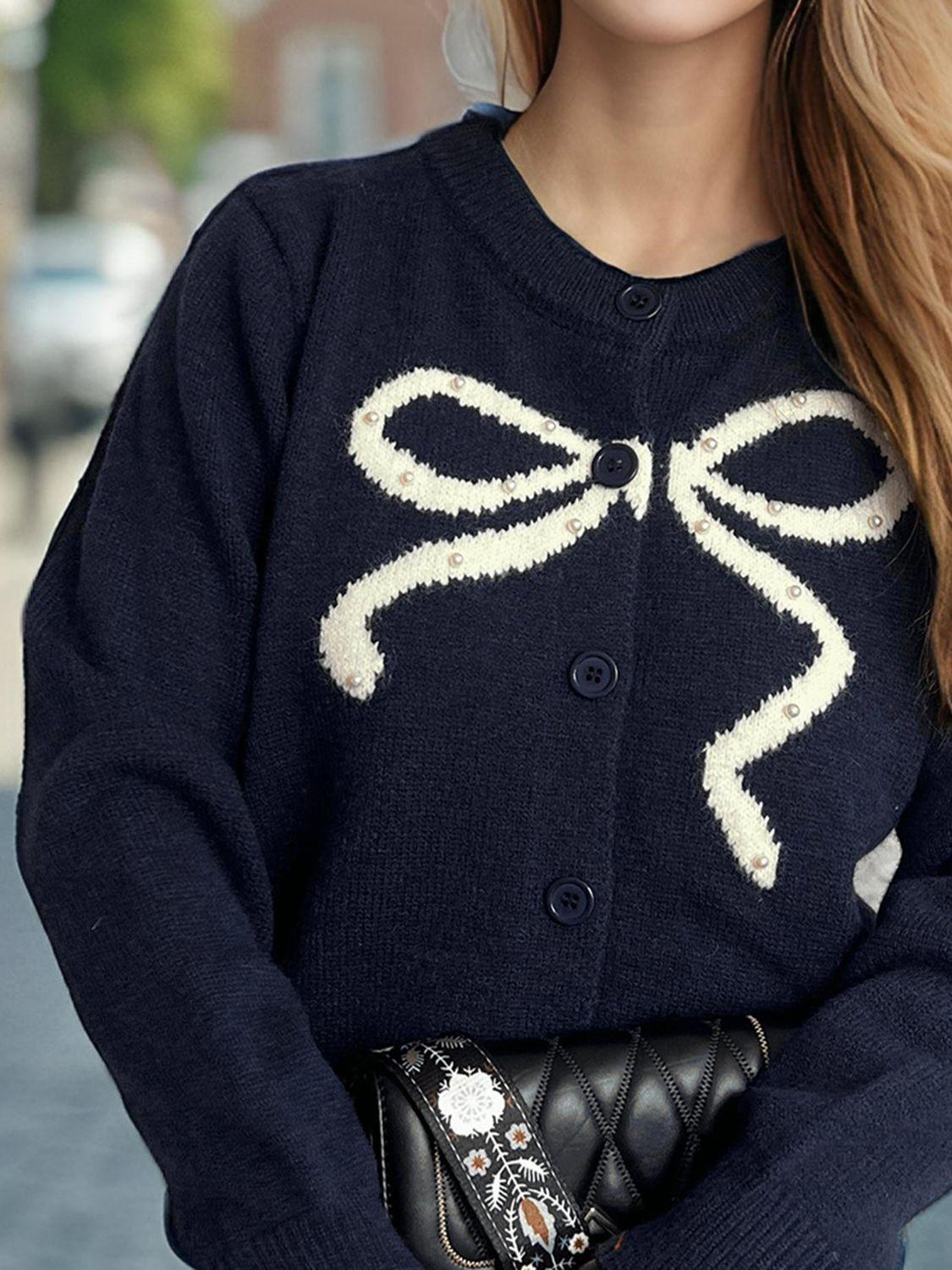 Bow Button Down Round Neck Cardigan - Clothes For Her Online Store