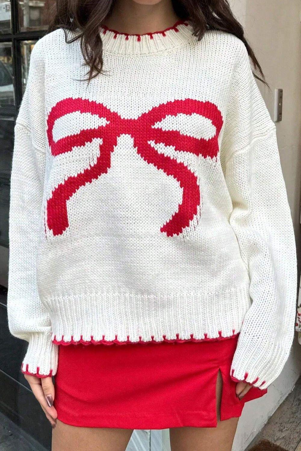 Bow Graphic Round Neck Long Sleeve Sweater - Clothes For Her Online Store