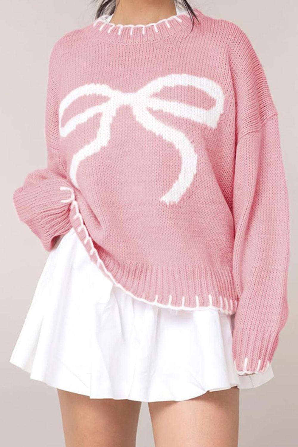 Bow Graphic Round Neck Long Sleeve Sweater - Clothes For Her Online Store