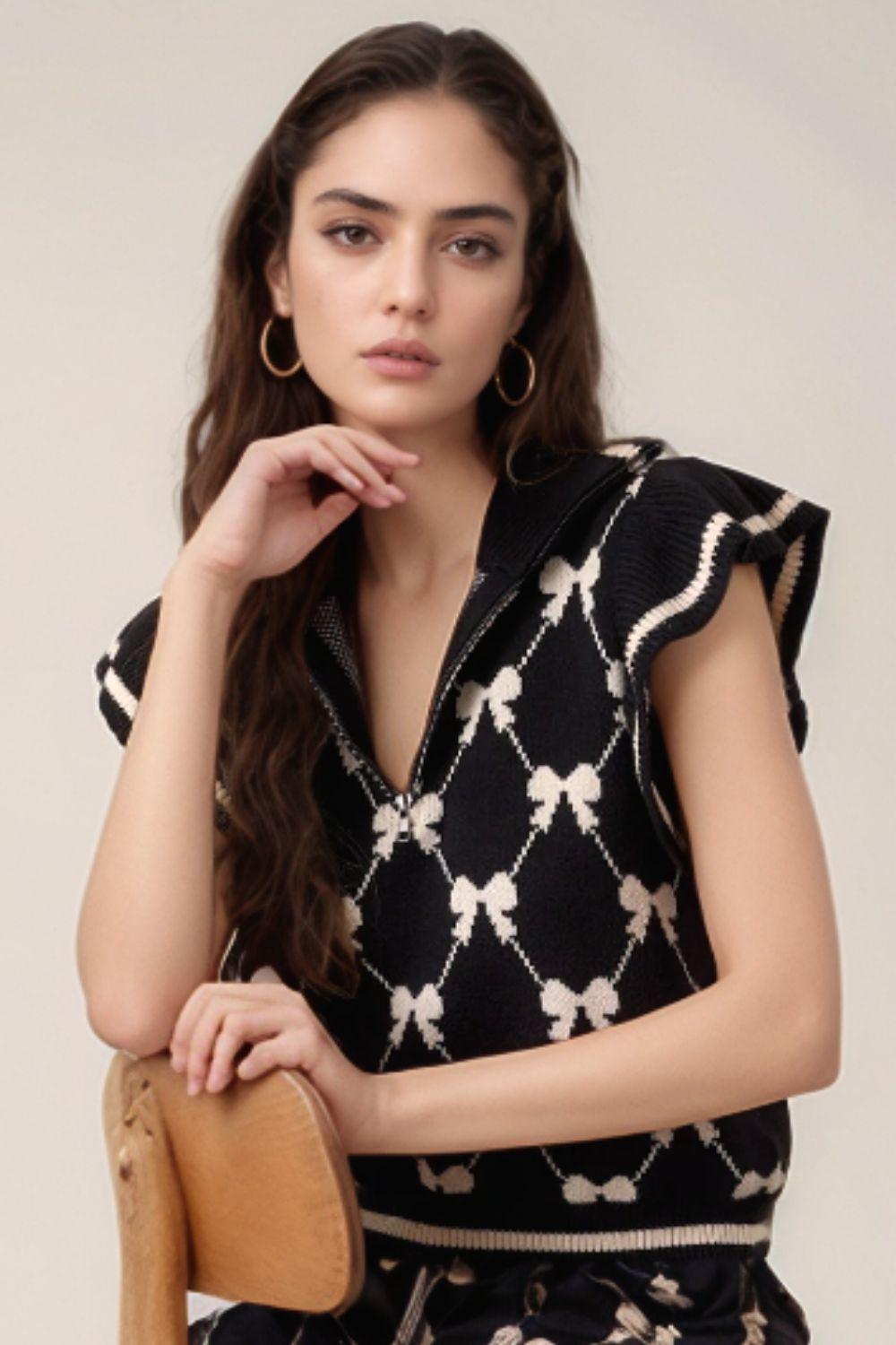 Bow Half Zip Sweater Vest - Clothes For Her Online Store