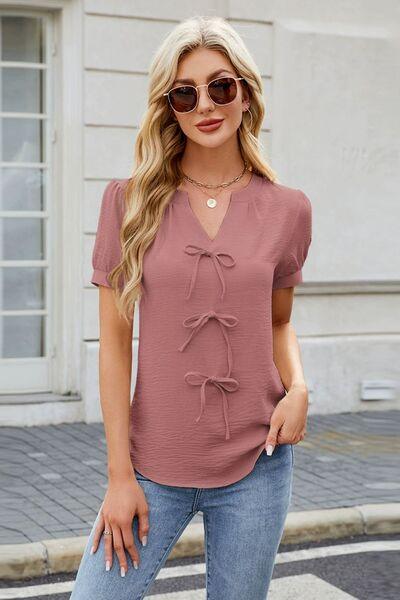 Bow Notched Short Sleeve Blouse - Clothes For Her Online Store