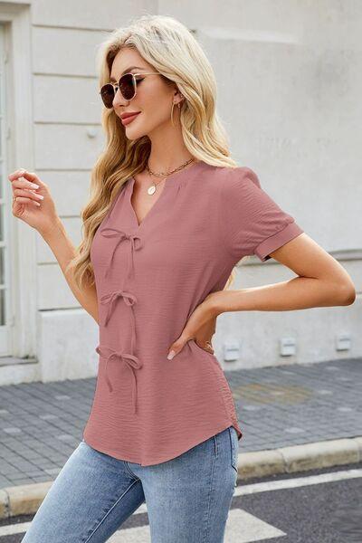 Bow Notched Short Sleeve Blouse - Clothes For Her Online Store