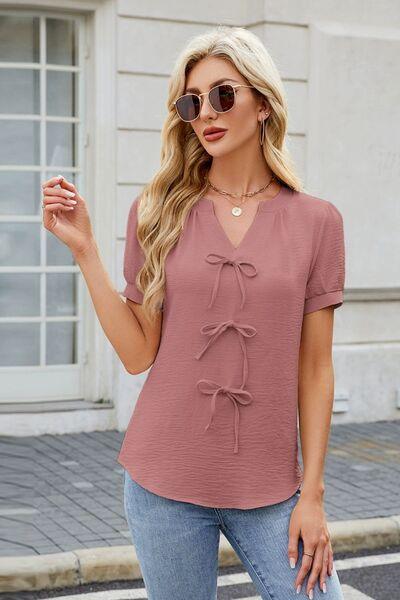 Bow Notched Short Sleeve Blouse - Clothes For Her Online Store