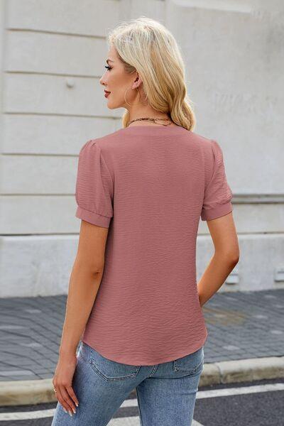 Bow Notched Short Sleeve Blouse - Clothes For Her Online Store