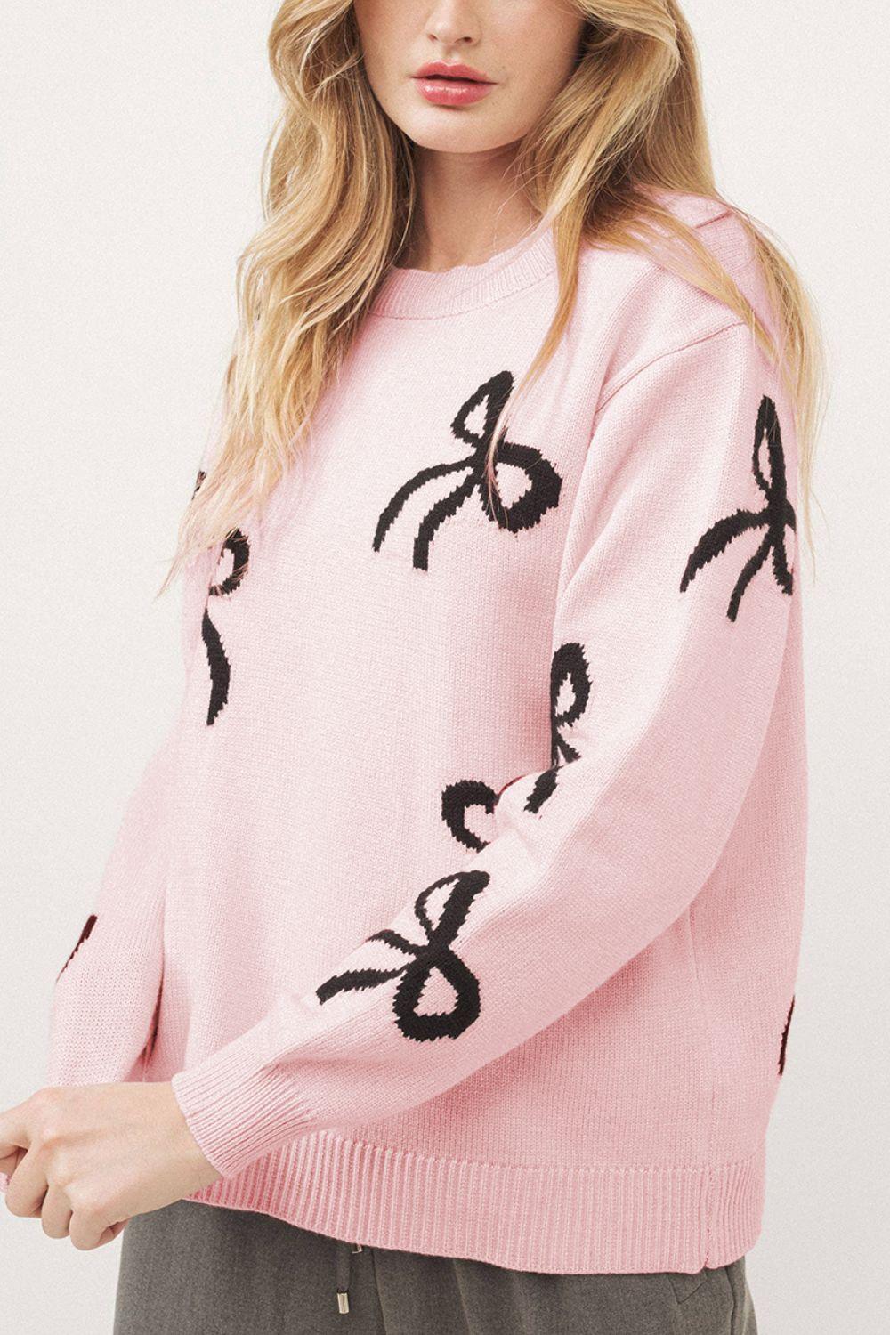 Bow Pattern Round Neck Loose Fit Sweater - Clothes For Her Online Store