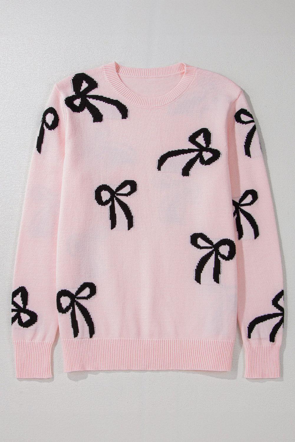 Bow Pattern Round Neck Loose Fit Sweater - Clothes For Her Online Store
