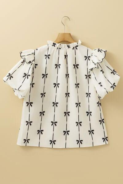 Bow Print Tie Neck Short Sleeve Blouse - Clothes For Her Online Store