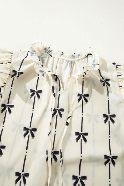 Bow Print Tie Neck Short Sleeve Blouse - Clothes For Her Online Store