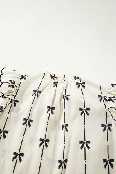 Bow Print Tie Neck Short Sleeve Blouse - Clothes For Her Online Store