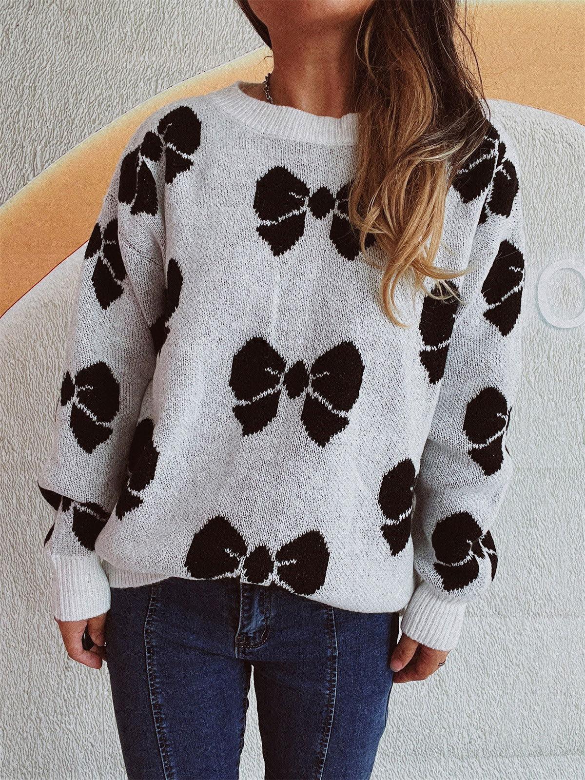 Bow Round Neck Dropped Shoulder Sweater - Clothes For Her Online Store