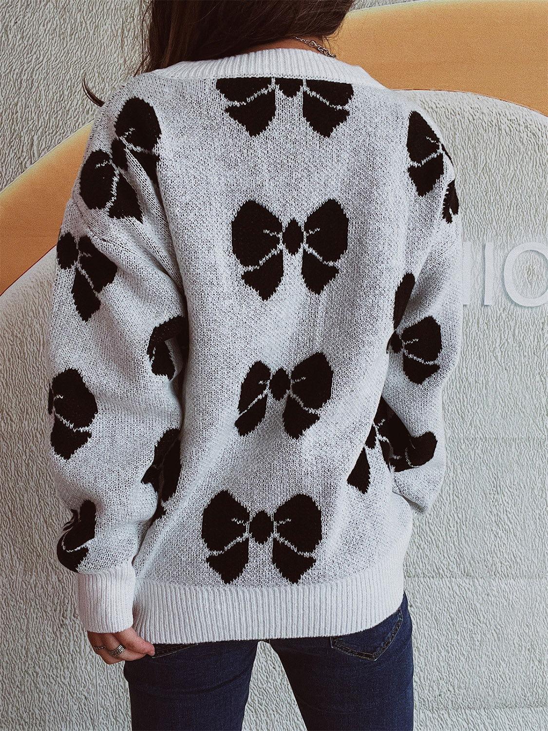 Bow Round Neck Dropped Shoulder Sweater - Clothes For Her Online Store