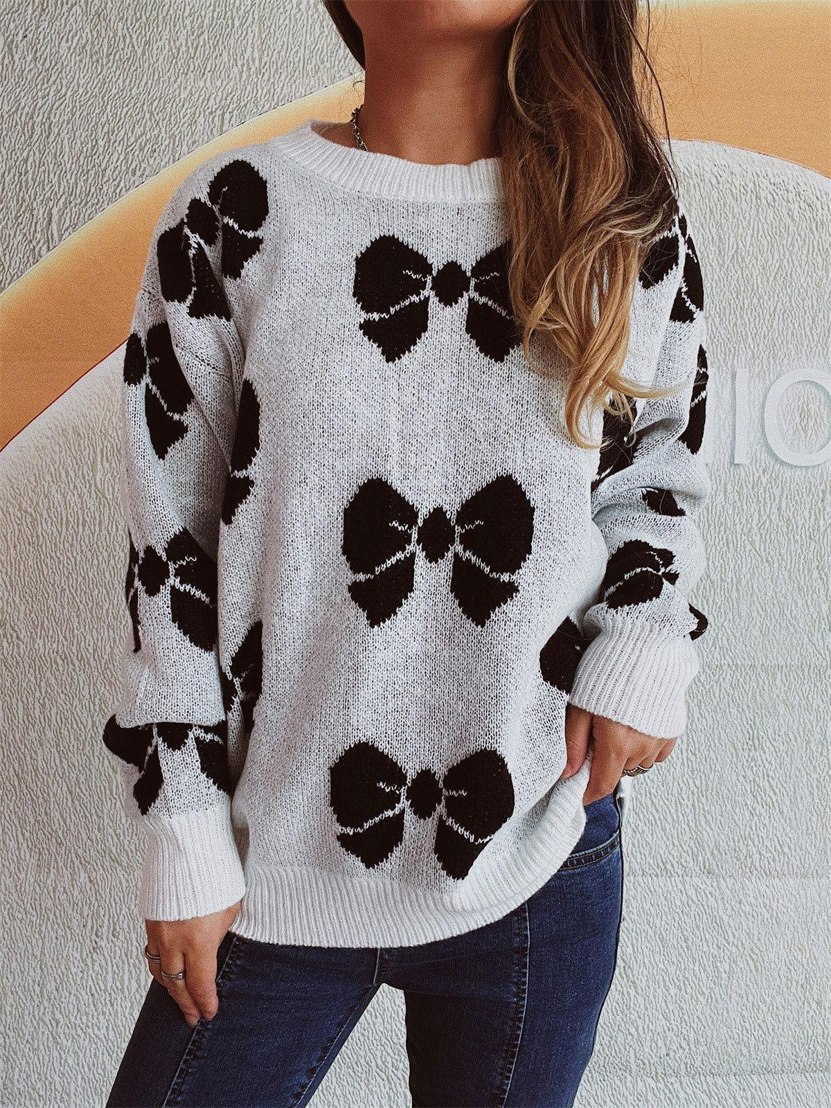 Bow Round Neck Dropped Shoulder Sweater - Clothes For Her Online Store