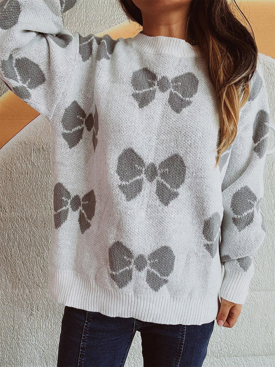 Bow Round Neck Dropped Shoulder Sweater - Clothes For Her Online Store