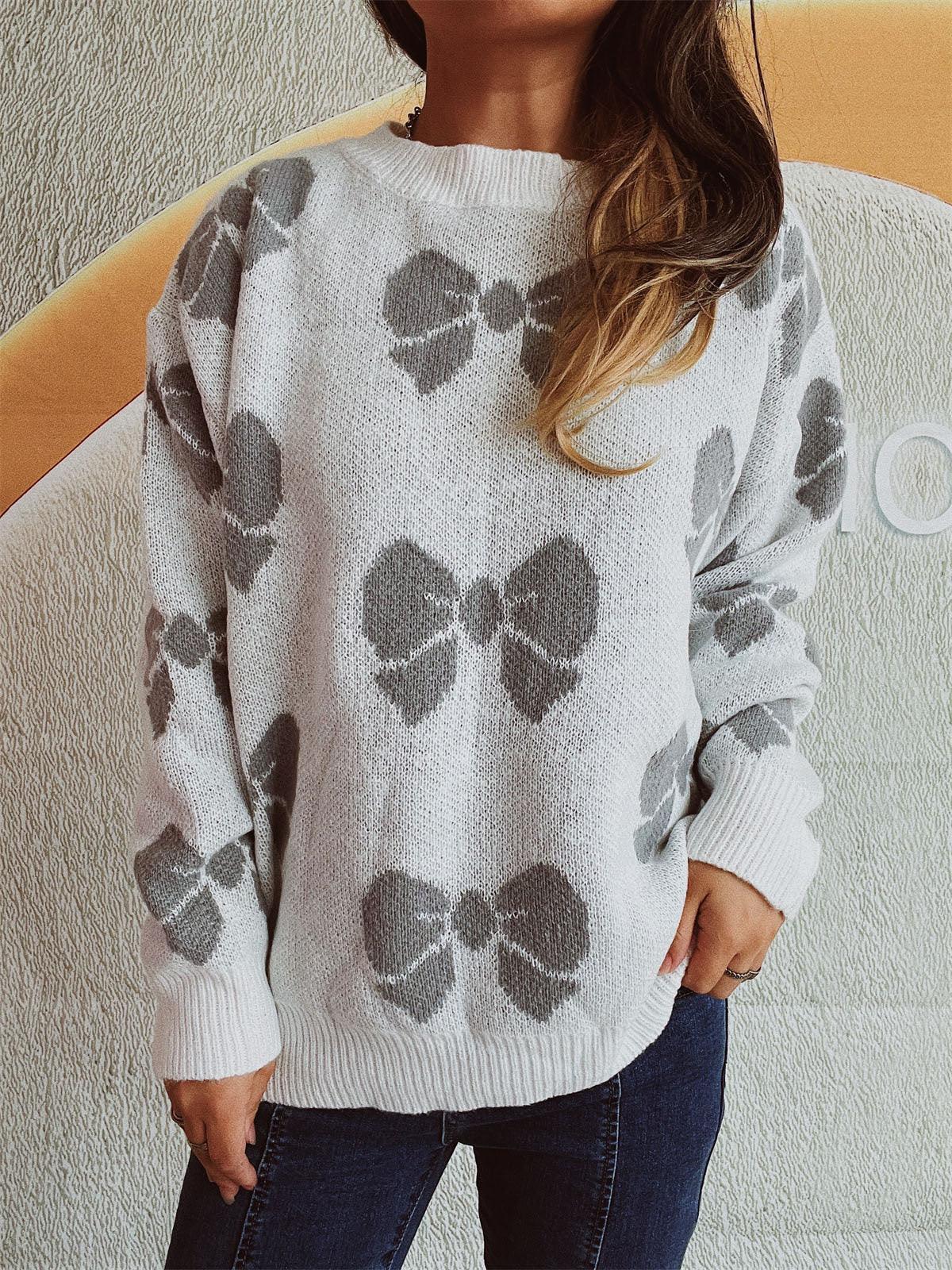Bow Round Neck Dropped Shoulder Sweater - Clothes For Her Online Store