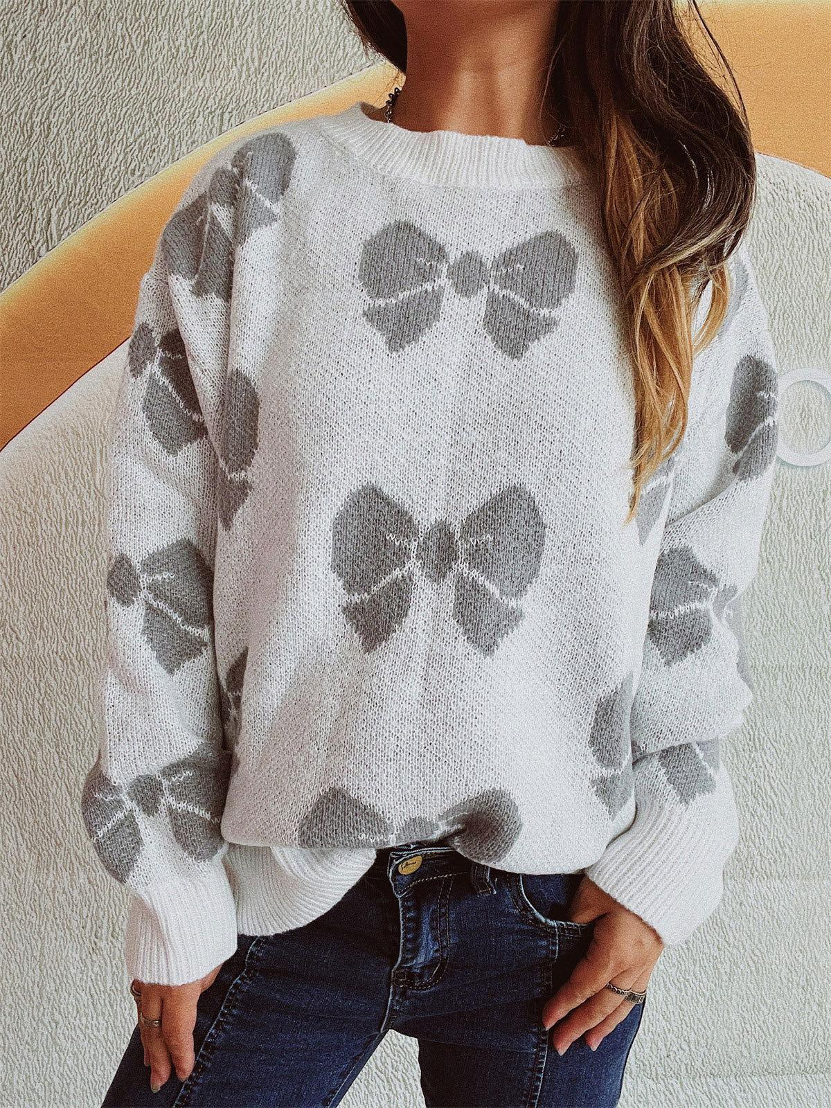 Bow Round Neck Dropped Shoulder Sweater - Clothes For Her Online Store