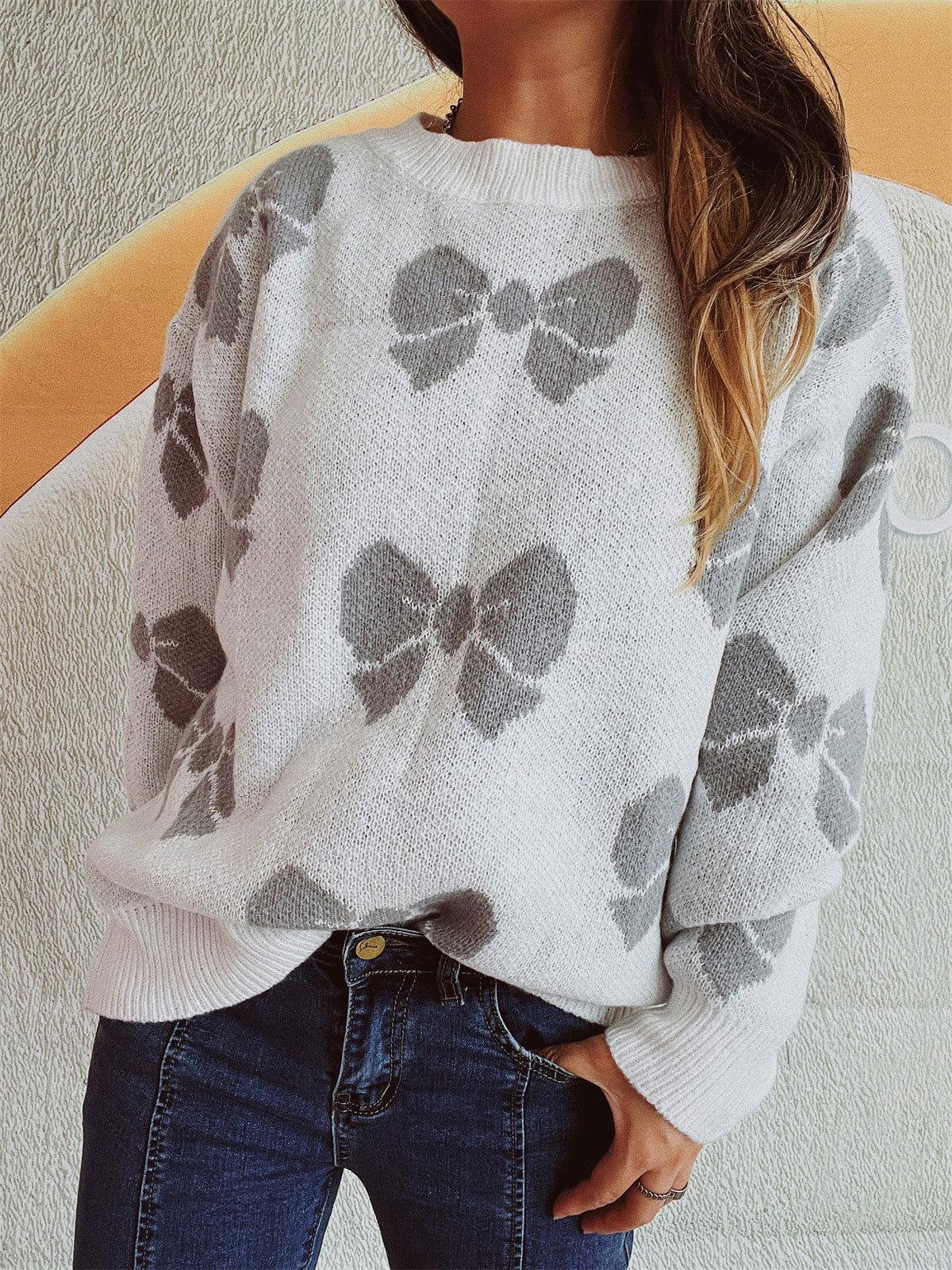 Bow Round Neck Dropped Shoulder Sweater - Clothes For Her Online Store