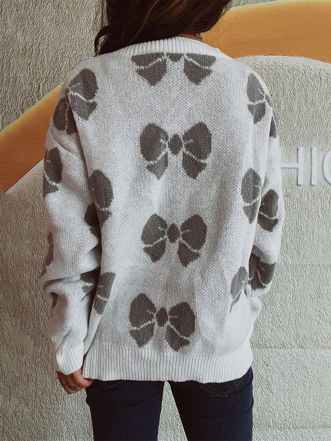 Bow Round Neck Dropped Shoulder Sweater - Clothes For Her Online Store