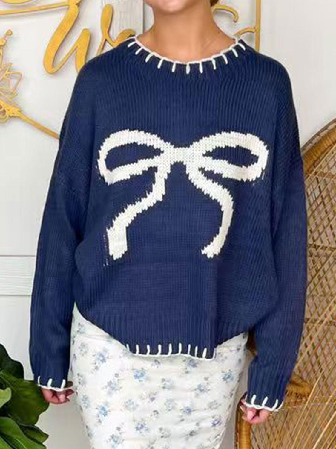 Bow Round Neck Long Sleeve Sweater - Clothes For Her Online Store