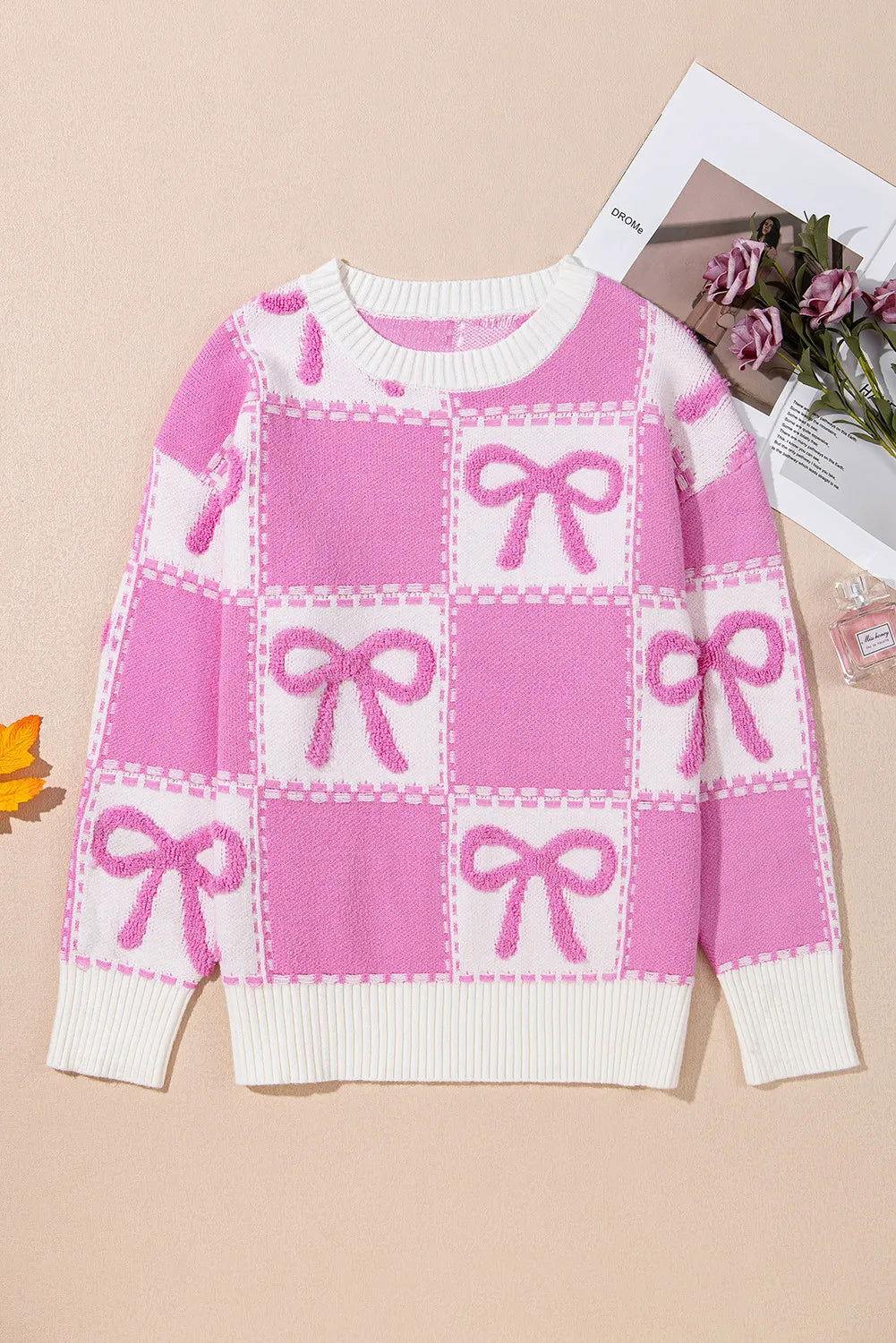Bow Round Neck Long Sleeve Sweater - Clothes For Her Online Store