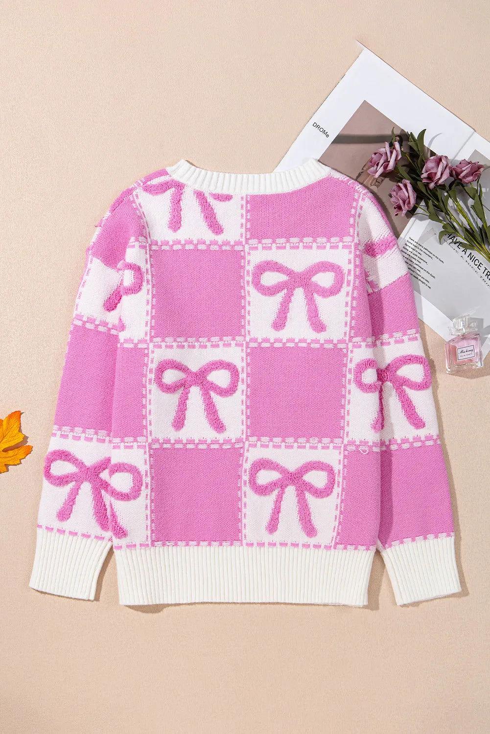 Bow Round Neck Long Sleeve Sweater - Clothes For Her Online Store