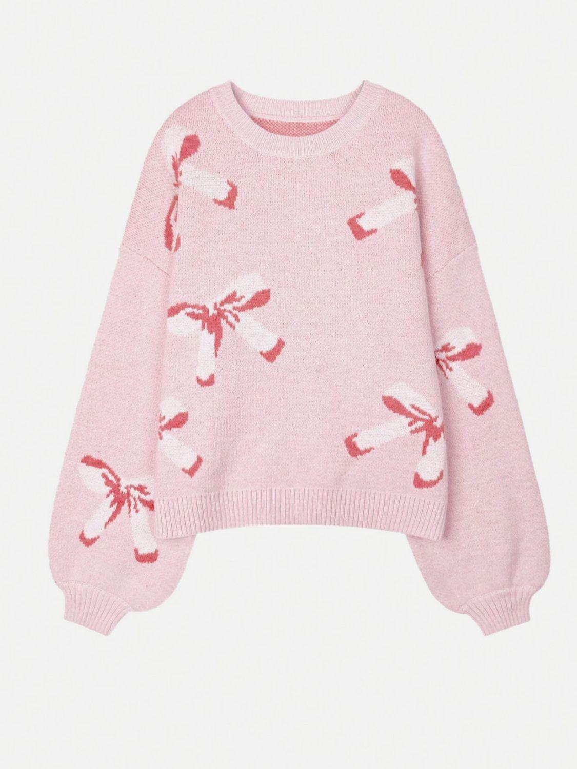 Bow Round Neck Long Sleeve Sweater - Clothes For Her Online Store