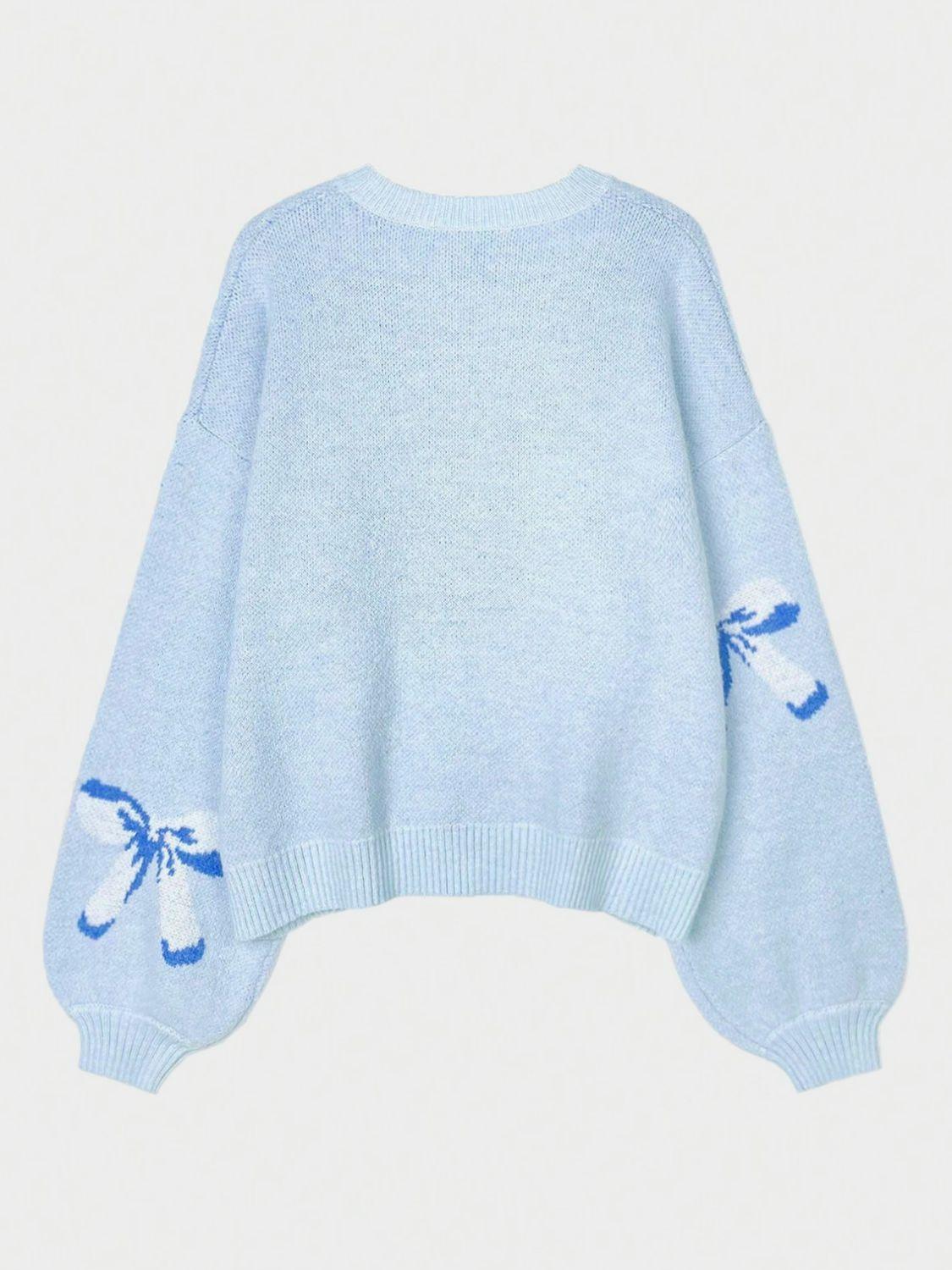 Bow Round Neck Long Sleeve Sweater - Clothes For Her Online Store