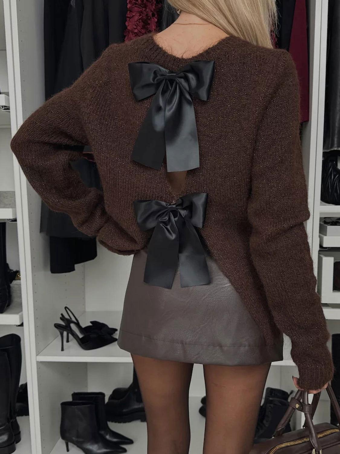 Bow Slit Back Round Neck Sweater - Clothes For Her Online Store