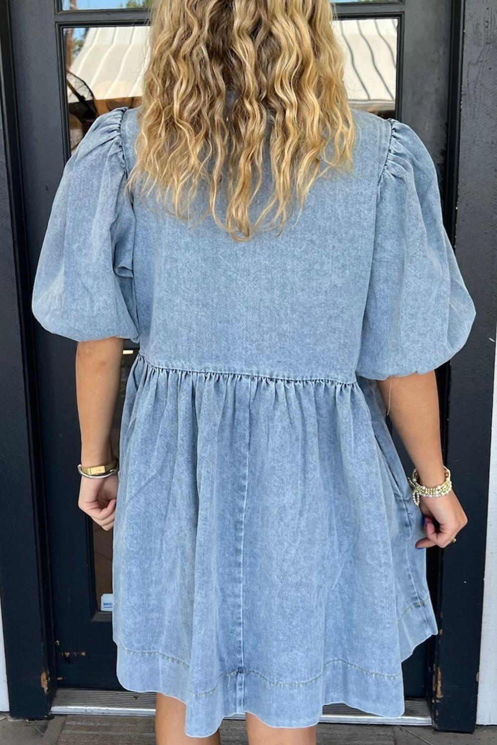 Bowknot Round Neck Half Sleeve Denim Dress - Clothes For Her Online Store