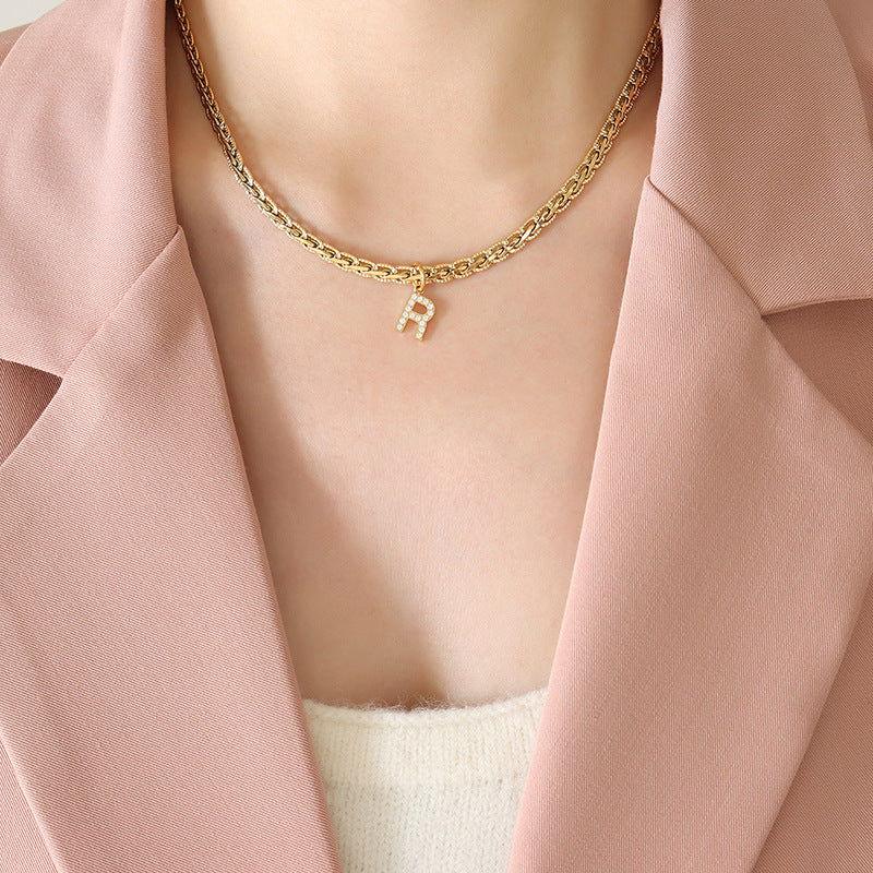 Brass Inlaid Zircon Letter Pendant Necklace - Clothes For Her Online Store