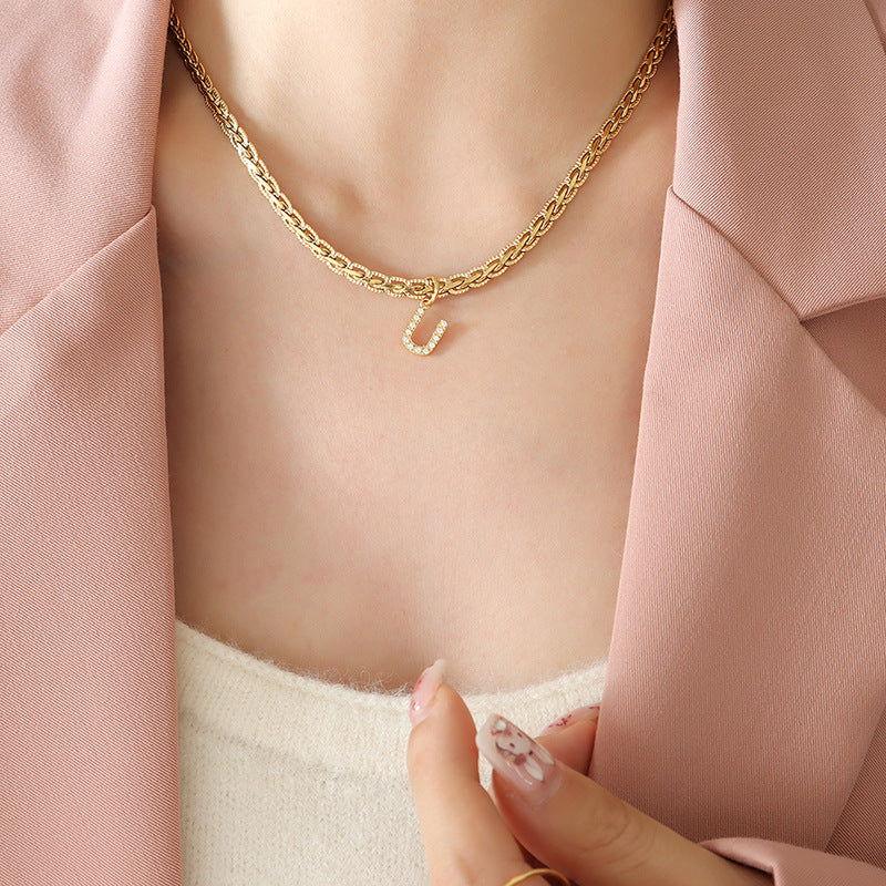 Brass Inlaid Zircon Letter Pendant Necklace - Clothes For Her Online Store