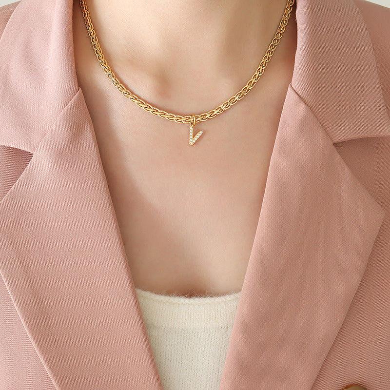 Brass Inlaid Zircon Letter Pendant Necklace - Clothes For Her Online Store