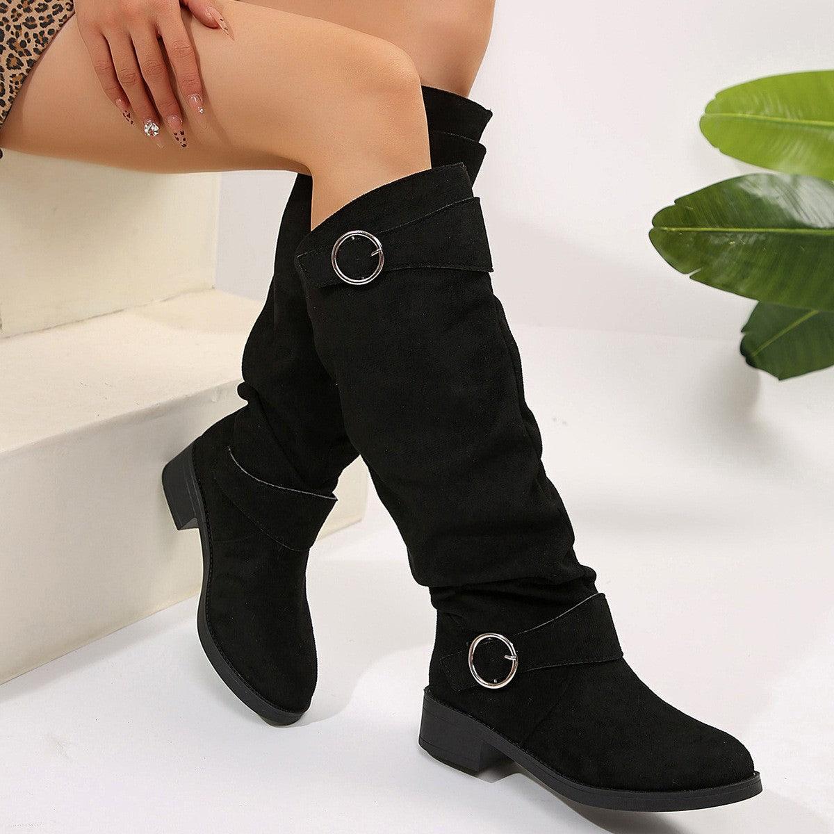 Buckle Round Toe Block Heel Boots - Clothes For Her Online Store