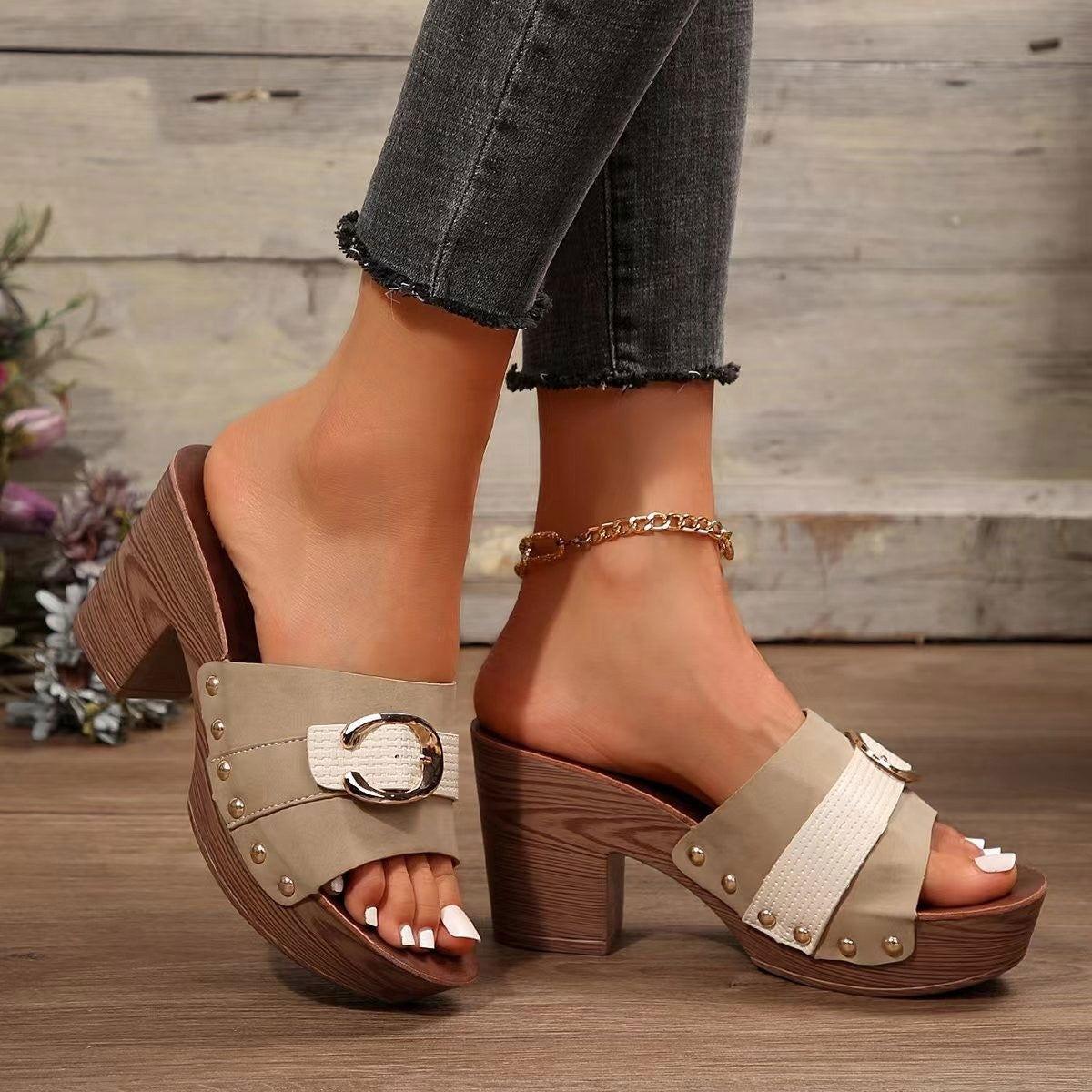 Buckle Trim Block Heel Sandals - Clothes For Her Online Store