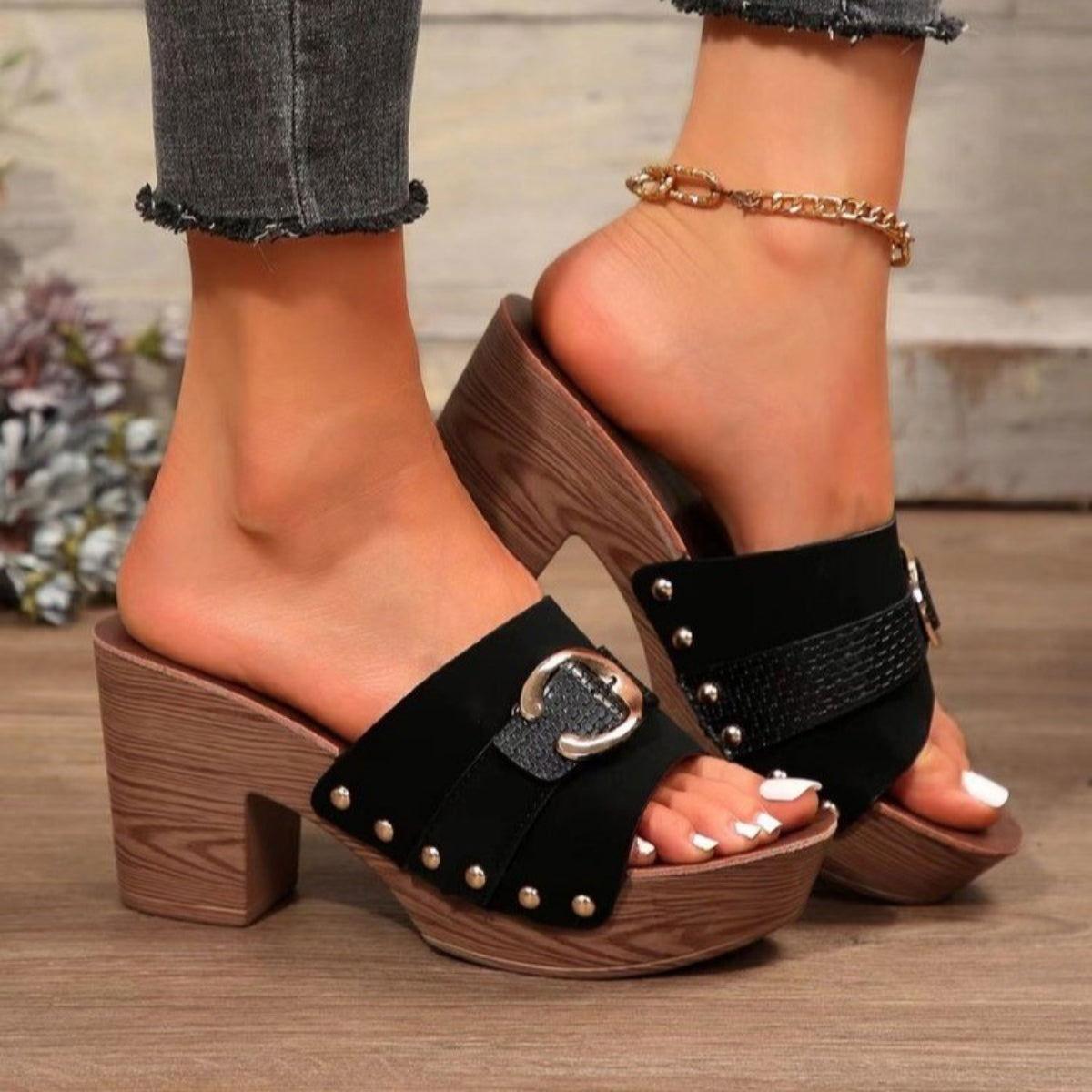 Buckle Trim Block Heel Sandals - Clothes For Her Online Store