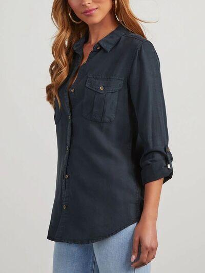 Button Down Collared Neck Denim Top - Clothes For Her Online Store