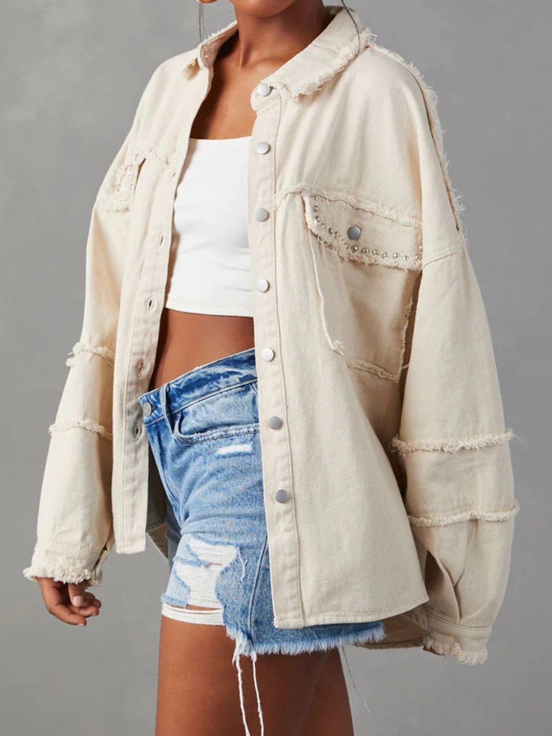 Button Down Raw Hem Denim Jacket - Clothes For Her Online Store